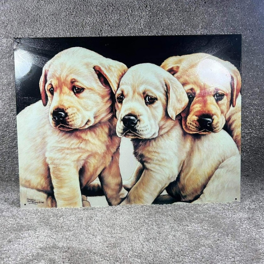 Joanne Graham Tin Sign Yellow Lab Puppy Dog Art Vintage Metal Wall Decor 16x12.5
